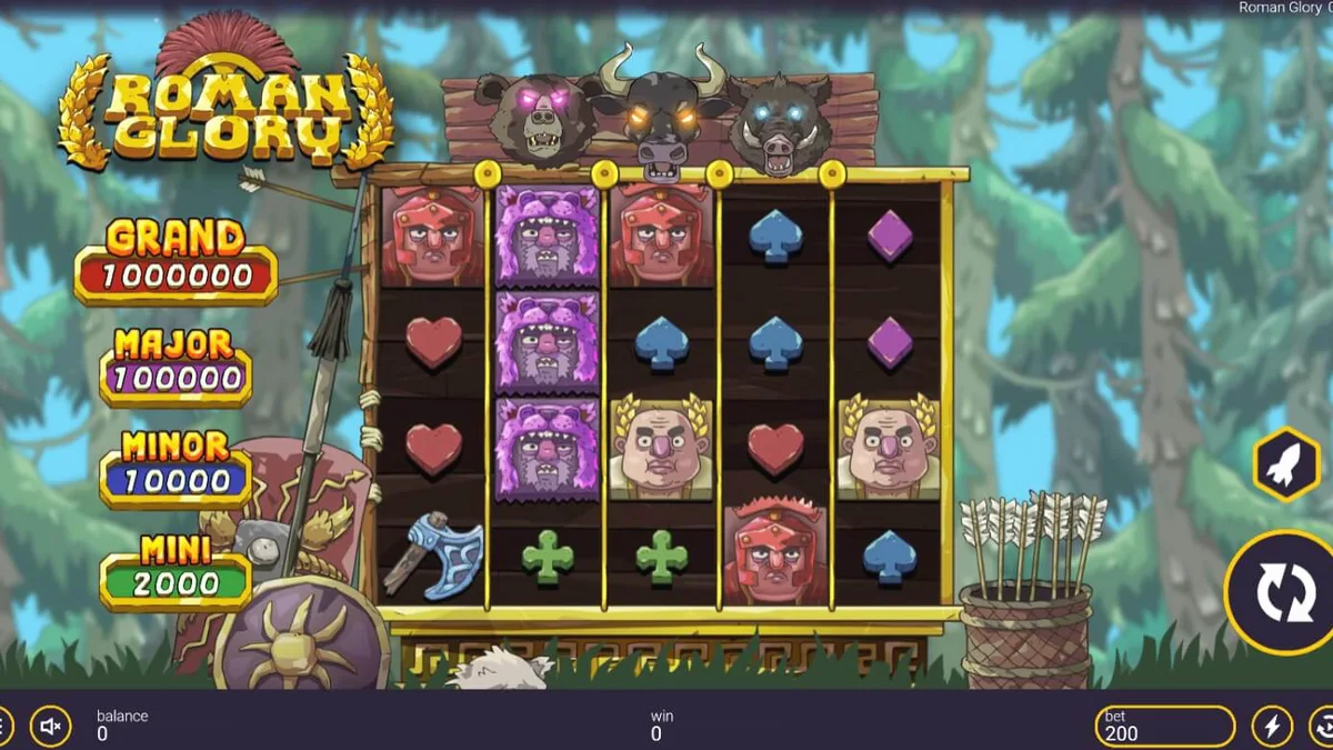 Tampilan antarmuka mobile slot Roman Glory dengan grafis kartun yang tajam