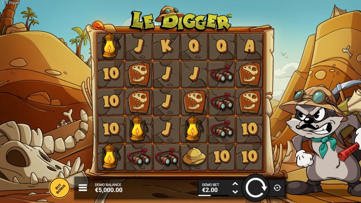 Tampilan layar utama slot Le Digger dengan karakter Smokey si rakun.